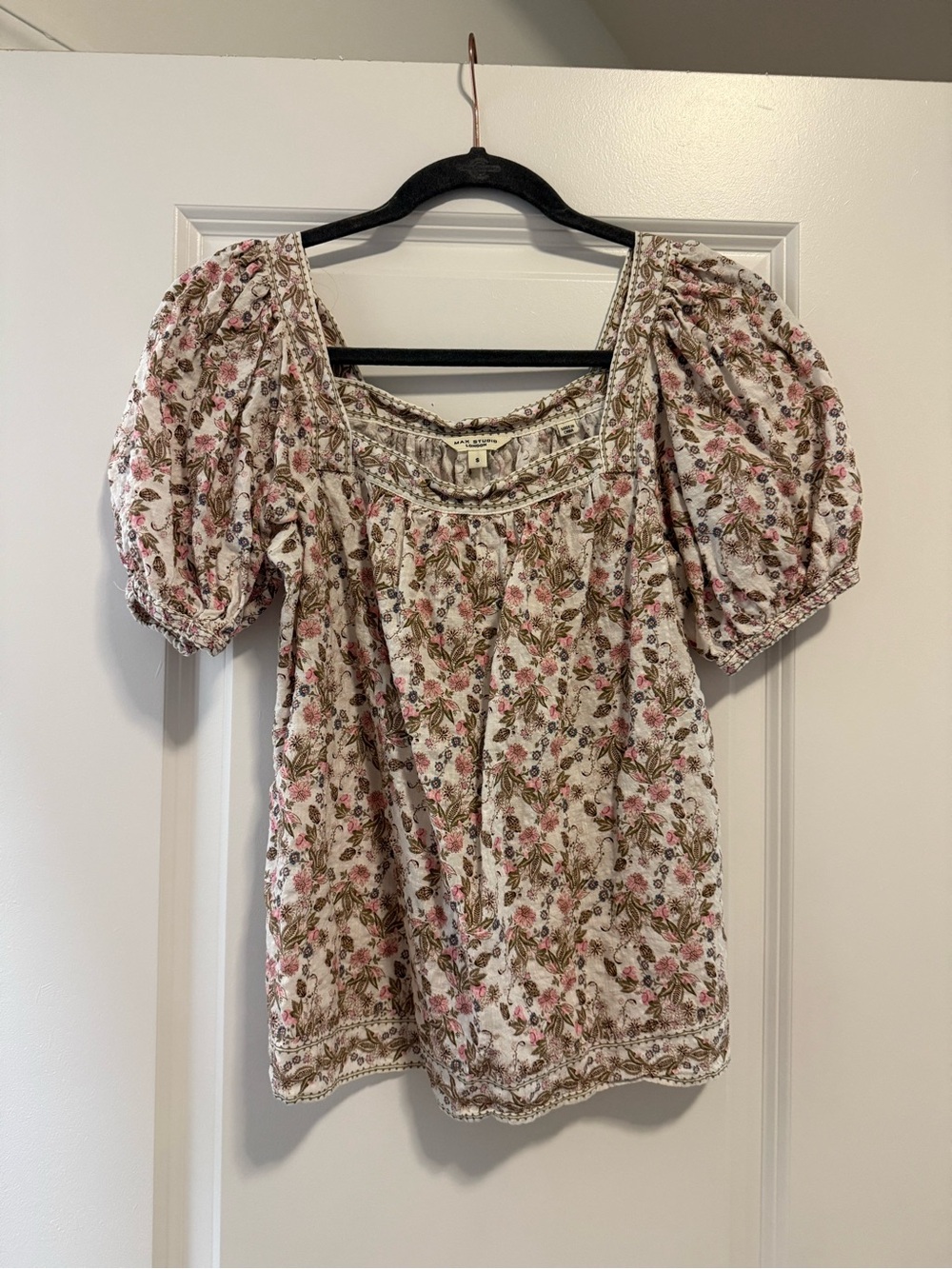 Floral Puff-Sleeve Peasant Top - Pink/White